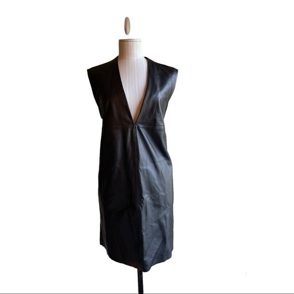 Sportmax Black Cabina Lamb Leather Plunge Dress Size 6